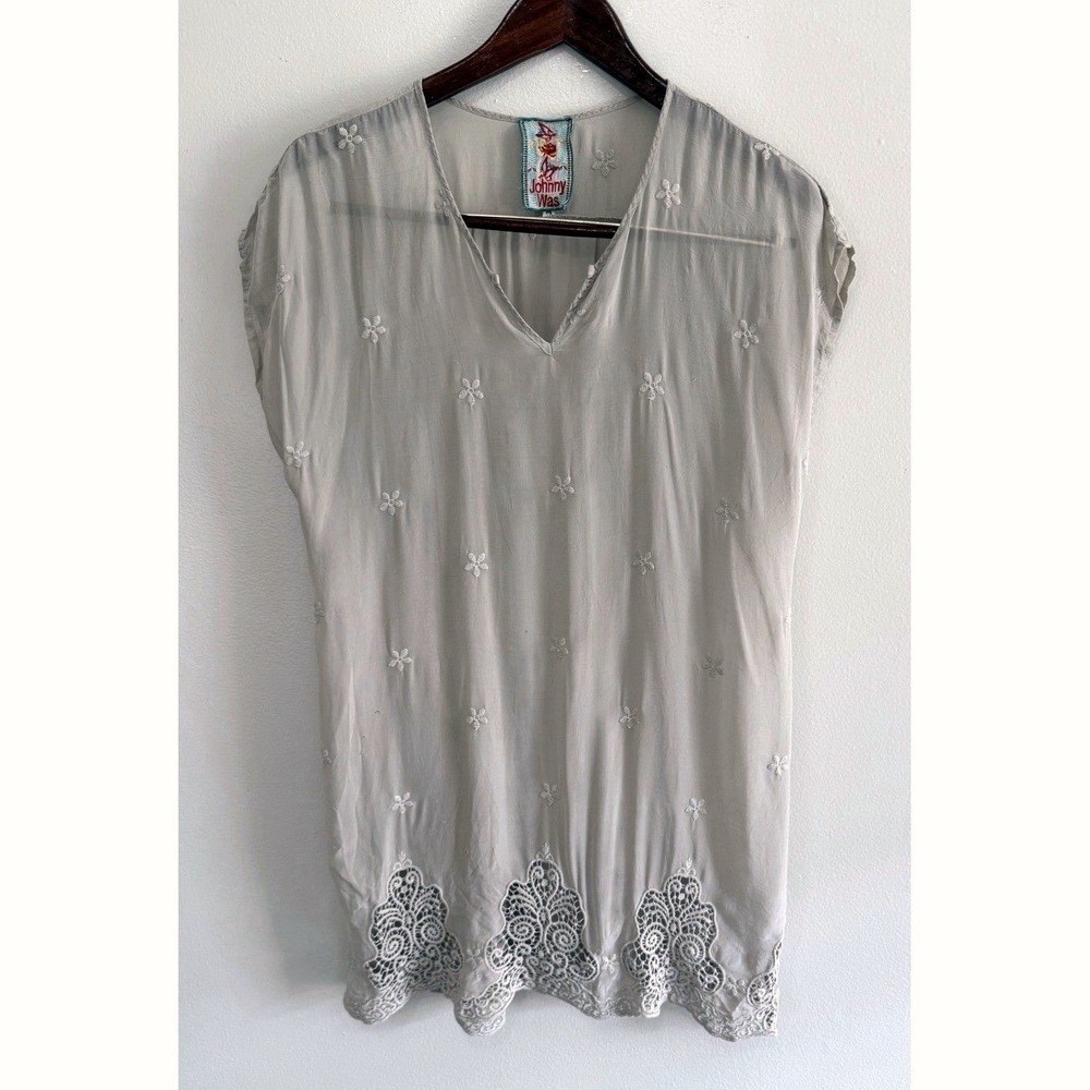 Johnny Was Women's Sheer Floral Embroidered Lace Trim Tunic Top Sz Medium